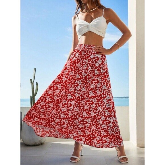 Kathie Lee Button Front Maxi Skirt 6 Red Floral Print Summer Comfy Boho Coastal - Picture 1 of 16